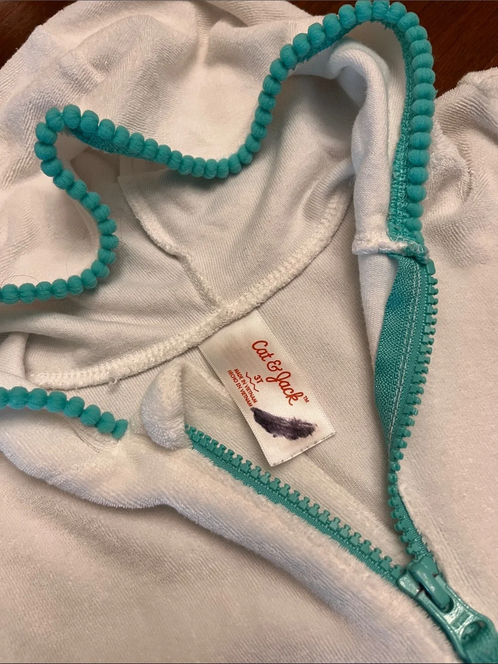 Cat & Jack White Hooded Zip-Up Swim Cover Up with Turquoise Trim